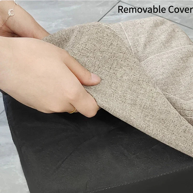 Round Foot Rest Stool Linen Fabric Padded Seat Pouf with Non-Skid Wooden Legs Living