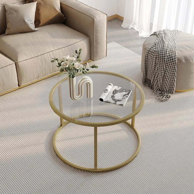 Small Glass Coffee Table Round Gold Coffee Table for Small Modern Minimalist Modern Table with Gold Frame for Living