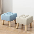 Round Foot Rest Stool Linen Fabric Padded Seat Pouf with Non-Skid Wooden Legs Living