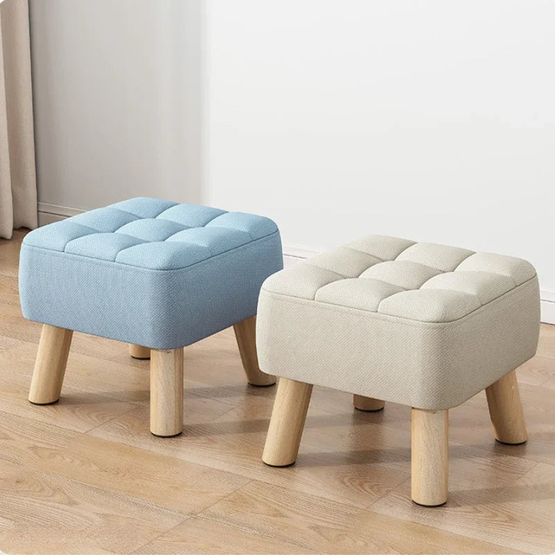 Round Foot Rest Stool Linen Fabric Padded Seat Pouf with Non-Skid Wooden Legs Living